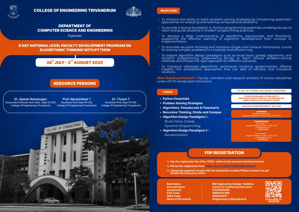 6-Day National Level Faculty Development Program (FDP) on “Algorithmic Thinking with Python”